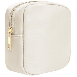 KOTORA Small Makeup Bag for Purse Mini Make Up Bag Cute Cosmetic Bag Pouch for Women with Slip-in Pockets Travel Toiletry Essentials Car Accessories Essentials for Women Girls (Nylon, Beige)