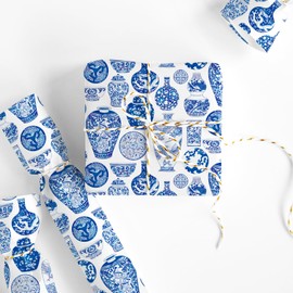 FYSUIMU Blue White China Wrapping Paper -Mini Roll- 17 Inch x 32.8Ft Chinoiserie Vases Gift Wrap Paper Art Paper for Baby Shower Birthday DIY Crafts