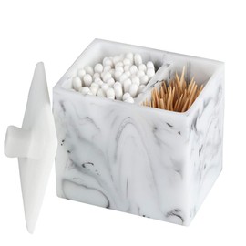 SELLONWANELO Marble Qtip and Cotton Ball Swab Holder Container Dispenser Organizer Makeup Pads Canister Bathroom Accessories White