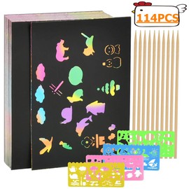 BUYGOO Scratch Pictures for 100 Sheets Scratch Paper Scratch Pictures Scratch Pictures 19 x 13 cm Rainbow Scratching Sheets for Scratching Drawing Paper Drawing Crafts with Stencils Wooden Pens