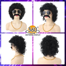 JATEBI 80s Retro Wig for Men, 2 Set Black Brown Curly Mullet Wig with Sunglasses Chains Mustaches and Wig Cap for Halloween Costume and Themed Party