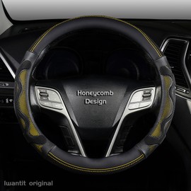 Iwantit® Steering Wheel Cover with 3D Honeycomb Anti-Slip Design and Breathable Fabrics and Pu Leather, Universal 14.5-15 Inch (Yellow/Black)