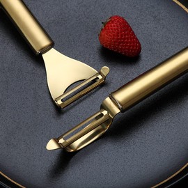 Gold Potato Vegetable Peeler, Kyraton Stainless Steel Apple Fruit Veggie Peeler with Gold Titanium Plating, Peelers for Kitchen Ergonomic Non Slip Handle Dishwasher Safe, Set of 2