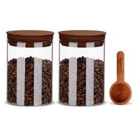 27oz Coffee Canisters with Wooden Scoop and Lids, Airtight Glass Storage Container Set of 2 for Ground Coffee, Glass Coffee Jar for Whole Coffee Beans, Coffee Bar Brown Sugar