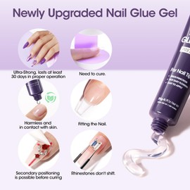 Gellen 20g Nail Glue Gel for Nail Tips with 2 Removal Sticks, Soft Nail Gel Lamp Curing Required, Soak Off Glue Nail Gel for Acrylic Nails False Nails