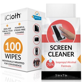 iCloth 70% Isopropyl Alcohol Large Screen and Electronics Wipes, Lint-Free, Streak-Free, Fast-Drying, Removes Dust and Fingerprints (100 Wipes)