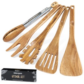Edergoo Wood Cooking Utensils Set, 5 PCS Wooden Spoons for Cooking Includes Stainless/Wood Kitchen Tongs, Natural Non-Stick Wooden Utensil Set with Innovative Finger Groove & Non-Slip Notch Design