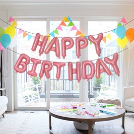Pink Happy Birthday Banner Balloons, 16 Inch Foil Letters Balloons Banner Reusable Ecofriendly Materialfor Birthday Decorations and Party Supplies(with Ribbon)