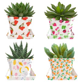 NJAO HOO 3.9 inch Self Watering Pots, Square Plastic Pots with Trays, Drainage Hole, Cactus, Succulents Pot, Small Flower Pots for Home, Company, Office, Set of 4(Fruit)