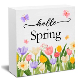 Hello Spring Desk Decorations Wooden Sign Spring Home Decor Sign Spring Flower Decorations for Home Spring Farmhouse Home Decor Spring Home Gifts 5 x 5 Inches