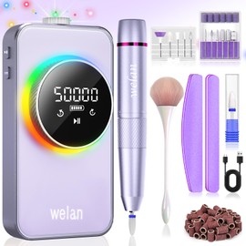 Welan Electric Nail Drill Professional, 50000RPM Electric Nail File Portable Nail Drill Kit 6000mAh Rechargeable Machine for Acrylic Gel Nail, Manicure Pedicure Polishing Nail for Salon Home Purple
