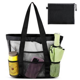 SHAIDOJIO Mesh Beach Bag with 1PCS Toiletry Bag, Black Large Beach Bag, Foldable Lightweight Family Tote Bag with 8 Pockets, Mesh Beach Bags for Women for Beach Pool Travel Picnic Swim Shopping