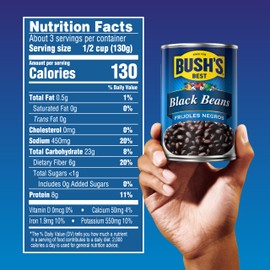 Bush's Best BUSH'S BEST 15 oz Canned Black Beans, Source of Plant Based Protein and Fiber, Low Fat, Gluten Free, (Pack of 12)