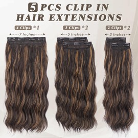 BARSDAR Wavy Clip in Hair Extensions - 20 Inch Highlight Clip in Hair Extensions for Women - 5PCs Thick Soft Synthetic Loose Wave Clip in Extensions Hairpieces – Dark Brown with Highlights