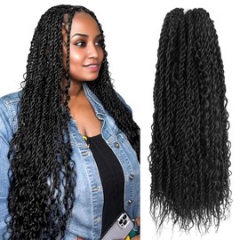 CISINPO Boho Twist Crochet Hair 24 Inch, 8 Packs Wavy Senegalese Twist Crochet Hair with Curly Ends, Black Pre-Looped Pre-Twisted Island Style Goddess Passion Braids (120 Strands, 1B)