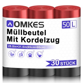 AOMKES Große Müllbeutel 50L Schwarz Müllsäcke mit Zugband Reißfest Mülltüten mit Tragegriff Abfallsack für Küche,30 Stück Müllsäcke
