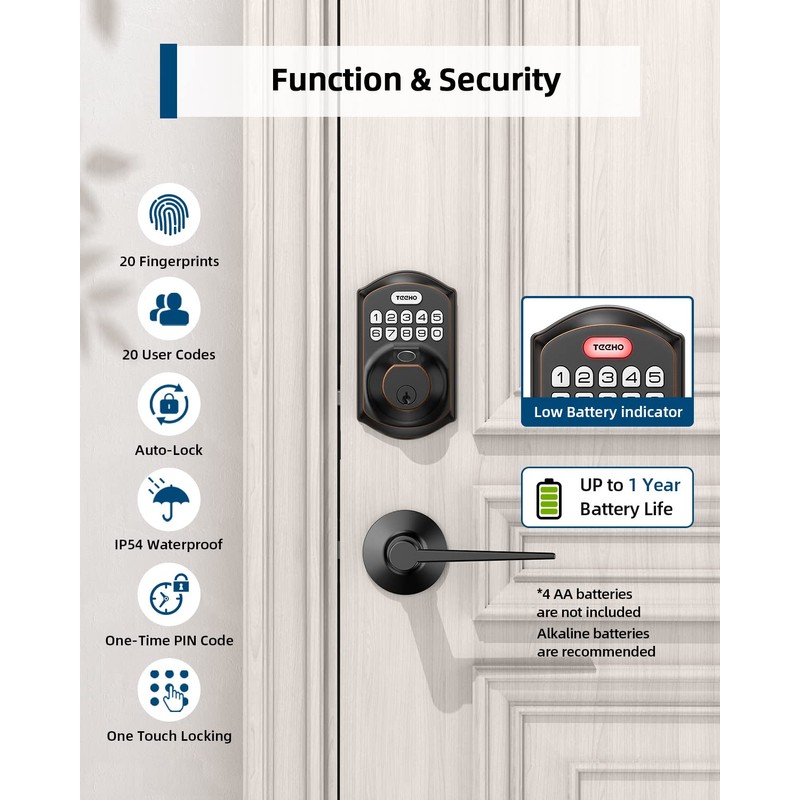 TEEHO TE002L Fingerprint Door Lock with 2 Lever Handles, Keyless