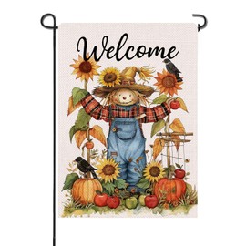 Artofy Welcome Fall Scarecrow Small Decorative Garden Flag, Autumn Harvest Sunflower Pumpkin Apple Yard Lawn Outside Decor, Thanksgiving Crow Burlap Outdoor Home Decoration Double Sided 12 x 18