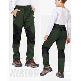 Buyboxs Youth Insulated Snowboard Pants Waterproof Winter Ski Pants Fleece Lined Windproof Softshell For Outdoor Skiing, Hiking, Elastic Waistband Military Green+Black-M