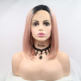 Xiweiya Short Hair Peach Pink Bob Wigs Straight Rose Gold Pink Lace Front Wig With Dark Root Bob Ombre Pink Synthetic Wigs Middle Parting Heat Resistant Women Wigs Replacement Full Wig With Wig Cap 14"