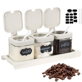 Suclain 3 Pcs Glass Coffee Containers Coffee Station Organizer Set, Airtight Bean Storage Jars with Shelf,labels,spoon, Base and Pen,for Sugar, Candy, Oats, Nuts (White)