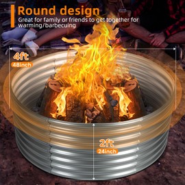 Jotesnew 48 inch Fire Pit Ring, 4x4x2FT Galvanized Fire Ring, Wood Burning Fire Pits Ring, Outdoor Fireplace Height 2FT, Round Camp Fire Ring, Bonfire Pit for Camping, Backyard (4x4x2FT)