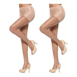 HUE Women's So Silky Control Top Sheer Tights With Invisible Reinforced Toe, Tan - 2 Pair Pack, 1