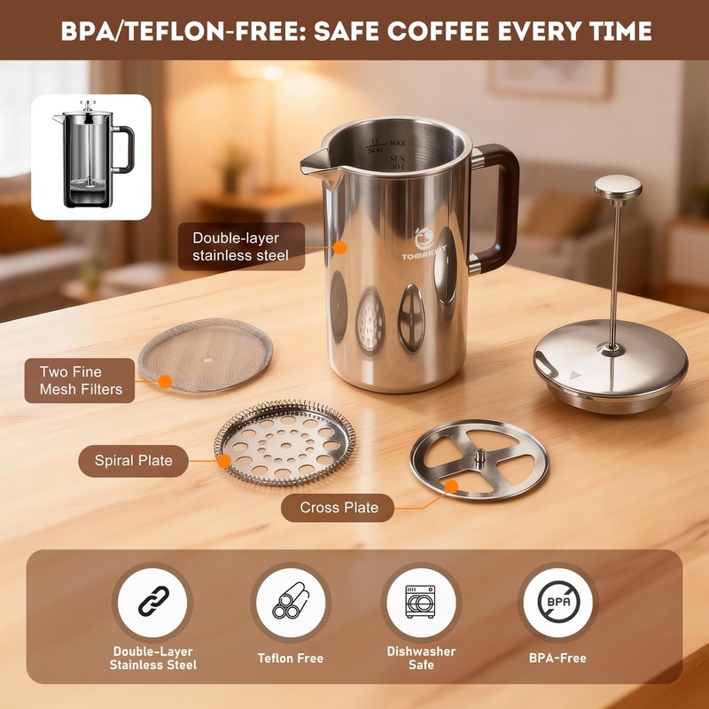 TOMAKEIT 1L/34 Oz French Press Coffee Maker,304 Stainless Steel Coffee