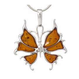 LIGURIUS NATURAL BALTIC AMBER STERLING SILVER 925 NECKLACE Cognac Butterfly PENDANT Gemstone For Women & Silver Adjustable CHAIN Snake 45cm - 50 cm, Gift set