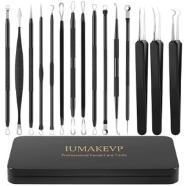 IUMAKEVP Blackhead Remover, Comedone Squeezer Set, 15 Pieces, High-Quality Blackhead Remover Made of Stainless Steel, Blackheads and Pimples on the Face, Pimple Squeezing Tool with Metal Housing (Black)