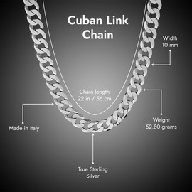 QUADRI - Extra Shiny Mens Cuban Link Chain 10mm in 925 Sterling Silver Italian Diamond Cut Necklace - 22 Inch - Premium Quality Jewelry - Gift Box Included