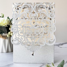 Hosmsua 5.1 x 7.3 Inch 50PCS Silver Glitter Wedding Invitation Cards with Rhinestone Laser Cut Hollow Flora Quinceanera Invitation with Envelopes for Bridal Shower Wedding Invite (Silver Glitter)