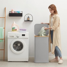 Lifewit 100L Laundry Basket with Lid, Clothes Hampers for Laundry with Bamboo Handles and A Removable Laundry Bag, Large Foldable Laundry Hamper for Bedroom, Bathroom, Dorm, Laundry Room, Silver Grey