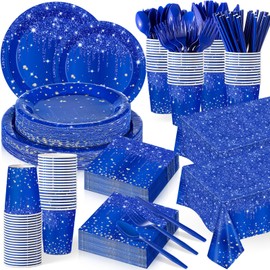 Funnymoom 452 Pcs Navy Blue Birthday Party Decoration Include Royal Blue Diamond Paper Plates Napkins Cups Tablecloth Cutlery Straws Tableware for Birthday Baby Shower Graduation Party Supplies