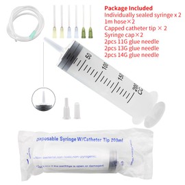 2pcs 200ml Large Syringes with Tube for Liquid Plastic syringes with 1.0m hose glue needle and tip cap for glue dispensing, garden watering, inking, refilling, and measuring