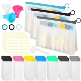 Protein Powder Travel Container Set - Reusable Powder Supplement Container to Go - 14pc Single Dose Bags and 2pc Large Travel Containers Zip Up Bags - Color: BLUE-BLACK-GREY