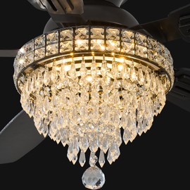 Crystal Ceiling Fan Fandelier with Lights-Ceiling Fans,50" Low Profile and Remote Control, Flush Mount, Reversible, Dimmable, Noiseless, Black Ceiling Fan for Bedroom