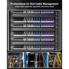 VCELINK 1U Server Rack Cable Management 24-Slot, 19" Carbon Steel Horizontal Network Cable Management for Network Cabinet, Black