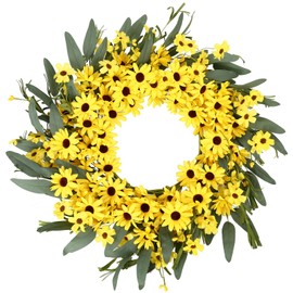Yellow Spring Sunflower and Daisy Wreath with Yellow Pip Berries and Green Leaves , 22 inches Full Holiday Wreath for Front Door Window Wall Decoration Spring and Holiday Decoration