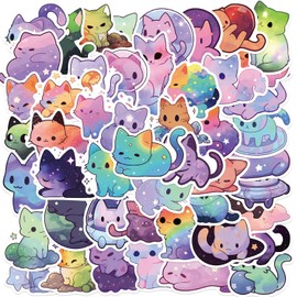 50 Pcs Cartoon Space Cat Stickers – Cute & Waterproof Vinyl Stickers for Teens, Adults, Aesthetic Kawaii Laser Decals for Journals, Laptops, Water Bottles, Phones & More