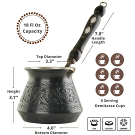 BCS 18 Oz X-Large Copper Turkish Greek Arabic Coffee Pot with Wooden Handle (6 servings) Cezve Briki Ibrik Stovetop Coffee Maker (Includes Wooden Spoon)