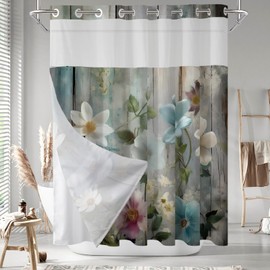 MEHOFOND No Hook Rustic Farmhouse Shower Curtain, Hookless Colorful Flowers Shower Curtain,Farm Teal Floral on Country Wooden Shower Curtain with Snap in Liner, Waterproof Polyester Fabric 71X74in