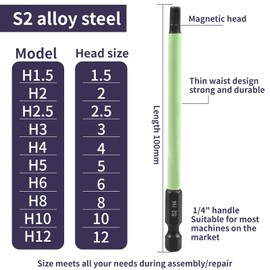 Oiieco 10 Piece Hex Screwdriver Bits Set, 1.5/2/2.5/3/4/5/6/8/10/12 Magnetic Hexagon Allen Key Long Bits Set 100 mm, Green