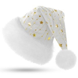 KONVINIT Plush Christmas Hat Adult Santa Hat with Golden Star and Double Lining White Santa Claus Hat for Men and Women, Santa Claus Costume Accessories, White
