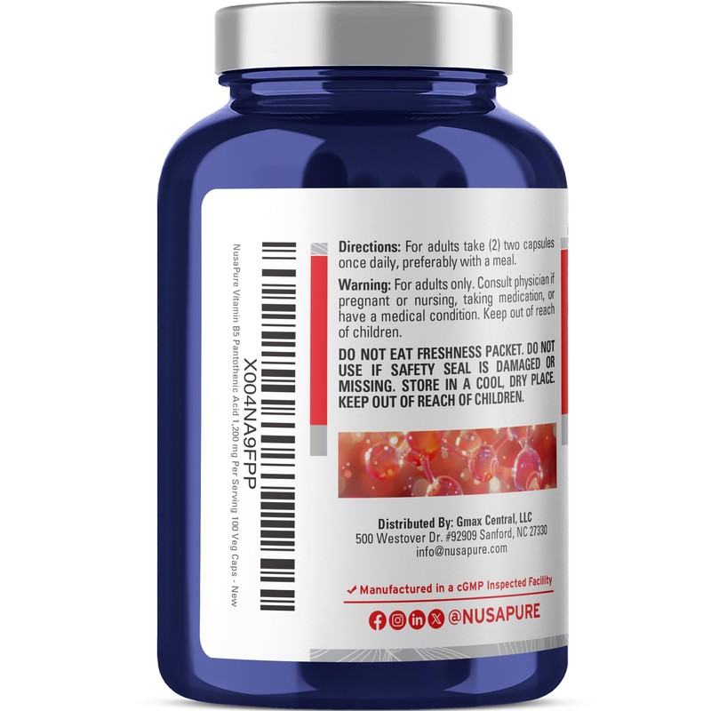 NusaPure Vitamin B5 Pantothenic Acid 1,200mg Per Serving 100 Caps