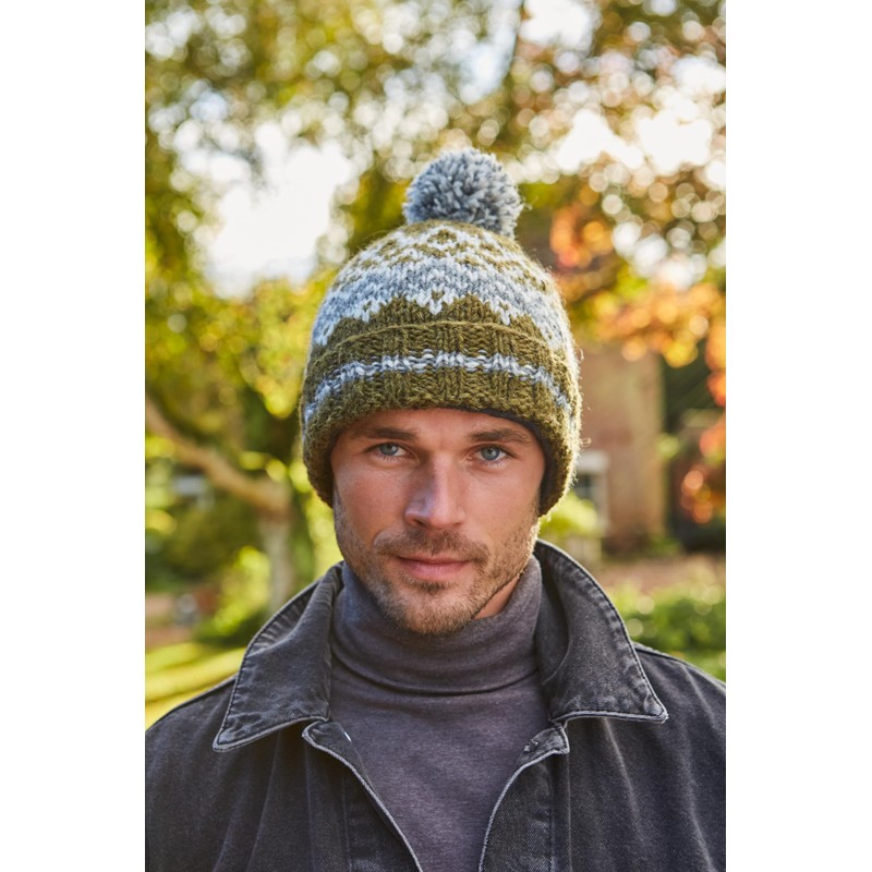 Pachamama Men Wool Beanie Bobble Hat Fleece Lined Handknitted Contemporary