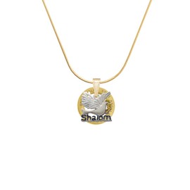 Delight Jewelry Silvertone Shalom with Dove - Custom Goldtone Message Ring Necklace, 18"