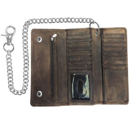 Motorcycle Chain Wallet for Men – Premium Cowhide Leather, RFID Tri-Fold Biker Wallet with Heavy Duty Chain for Bikers Truckers & Hunters, Credit Card Money Organizer Long Wallet Crazy Horse Brown