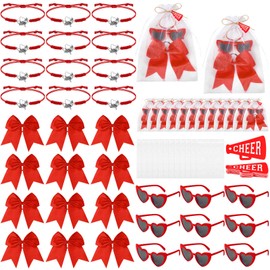 72 Pcs Cheerleader Gifts Bulk for Team Cheerleading Heart Sunglasses Hair Bows Bracelet Organza Bag and Cards Cheerleader Party Favors for Team Teens Girls Gifts(Red)