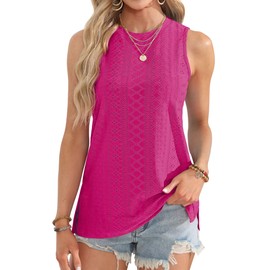 Hot Pink Tank Tops for Women Casual Summer Side Split Crewneck Eyelet Sleeveless Shirts L